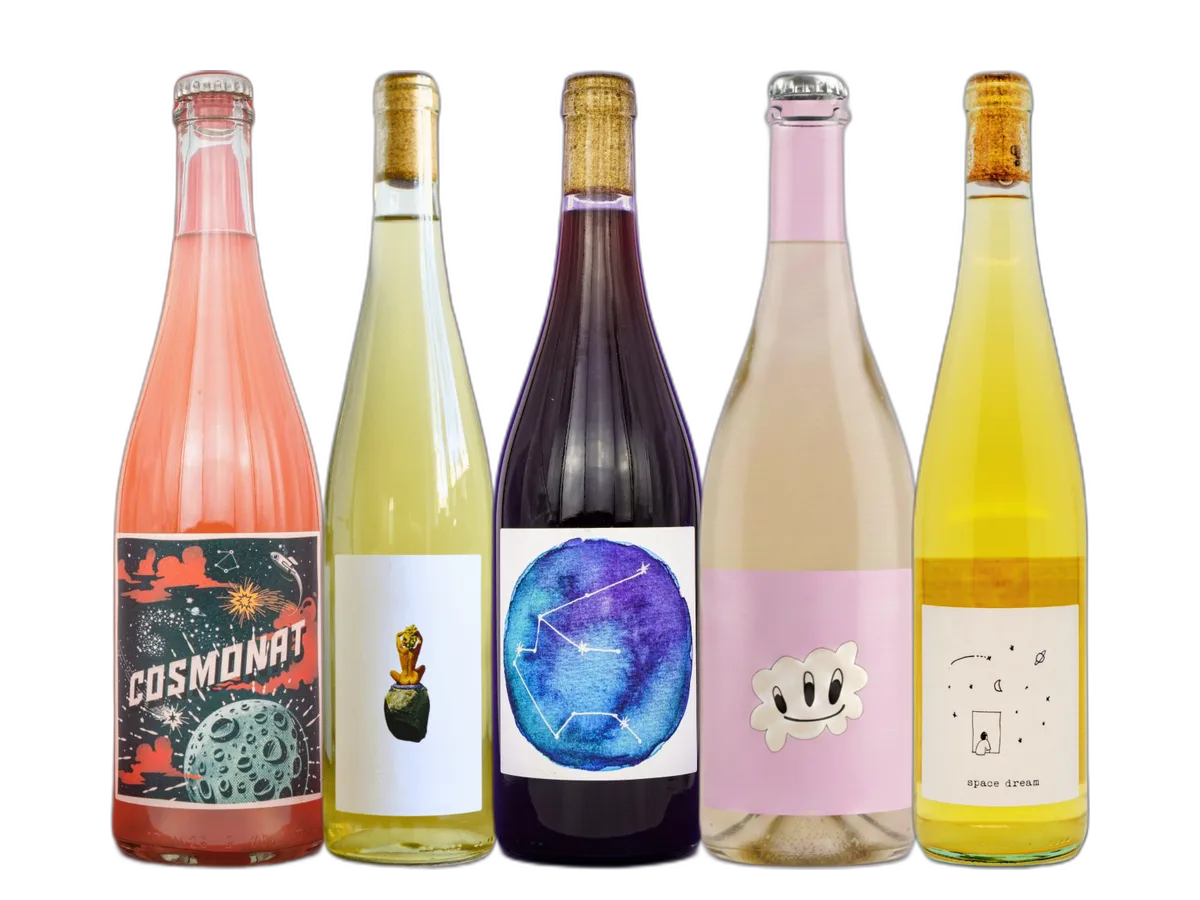 Fünf Weine von JPB Winemaking: COSMONAT Pet Nat, Venus, Red Aquarius, WOLKI und Space Dream