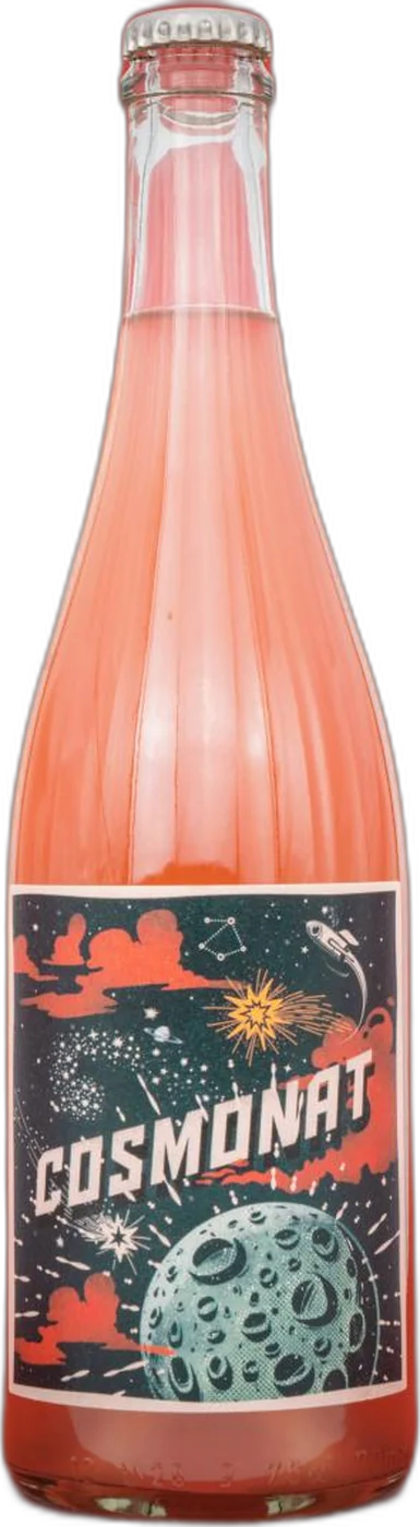 Flasche Cosmonat Pet-Nat mit Retro-Raumfahrt-Etikett