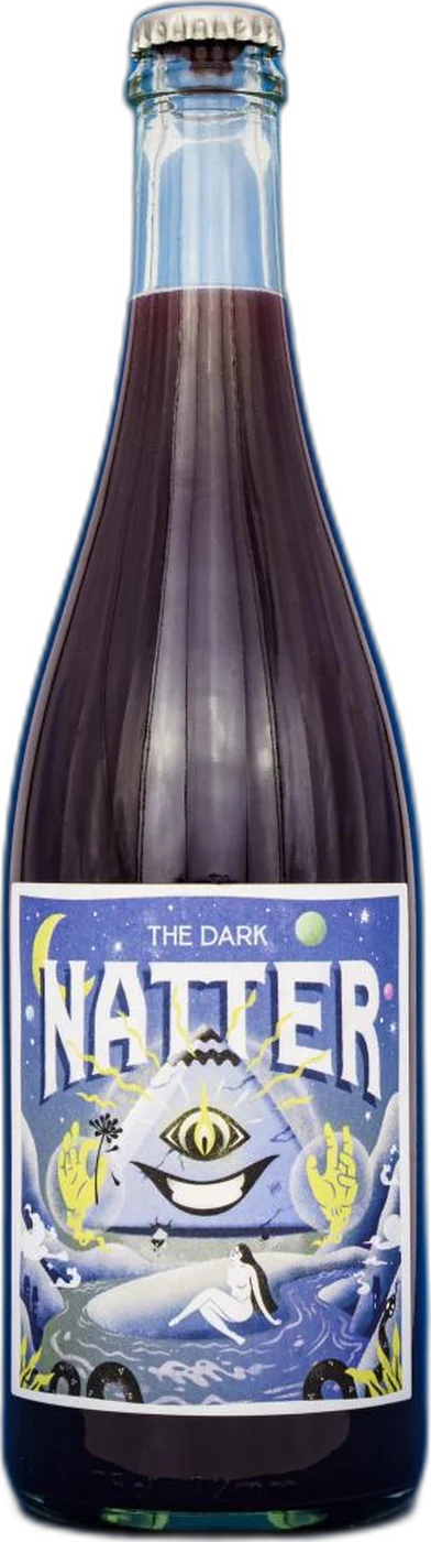 Flasche The Dark Natter mit psychedelischem Etikett: blaue 3D-Schrift NATTER und eine Figur mit drittem Auge