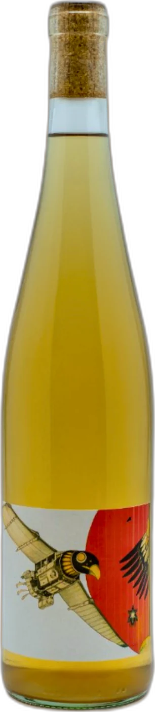 Flasche Icarus Riesling, auf dem Etikett der mechanische Vogel vor der roten Sonne