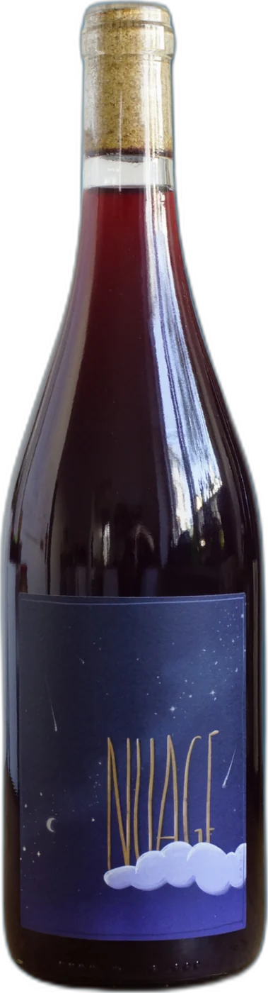 Flasche Nuage, nachtblaues Etikett mit goldenem, handgeschriebenem Schriftzug auf einer kleinen weißen Wolke