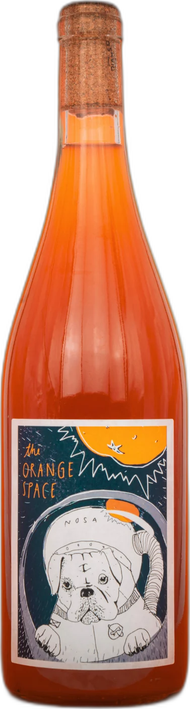 Flasche The Orange Space, Etikett mit Bulldogge im Astronautenhelm unter einer orangen Sonne