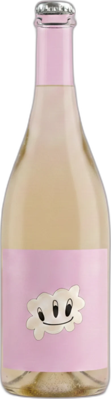 Flasche WOLKI: heller Pet-Nat, rosa Etikett mit einer lächelnden Wolke mit drei Augen