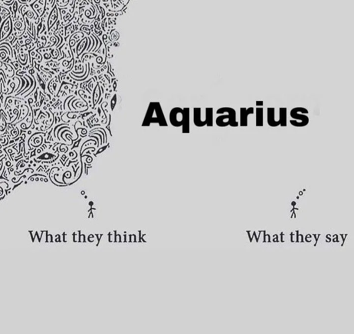 Meme zum Sternzeichen Aquarius: links ein Strichmännchen unter einer riesigen, wild verschnörkelten Gedankenwolke, beschriftet „What they think“. Rechts dasselbe Männchen mit drei winzigen Punkten, beschriftet „What they say“.
